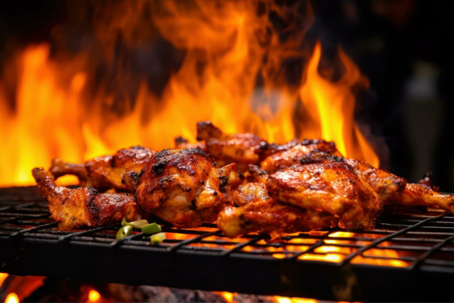 Grilled chicken on a grill with flames AI Generated photo
