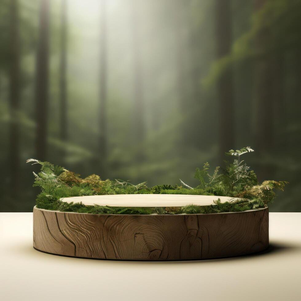wooden podium with moss on it in a forest photo