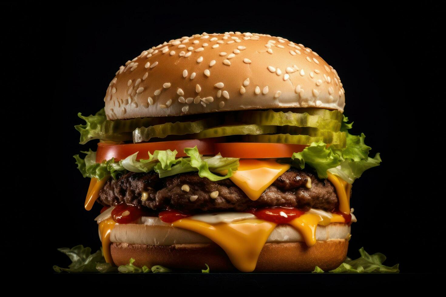 grande hamburguesa en un negro antecedentes ai generativo foto