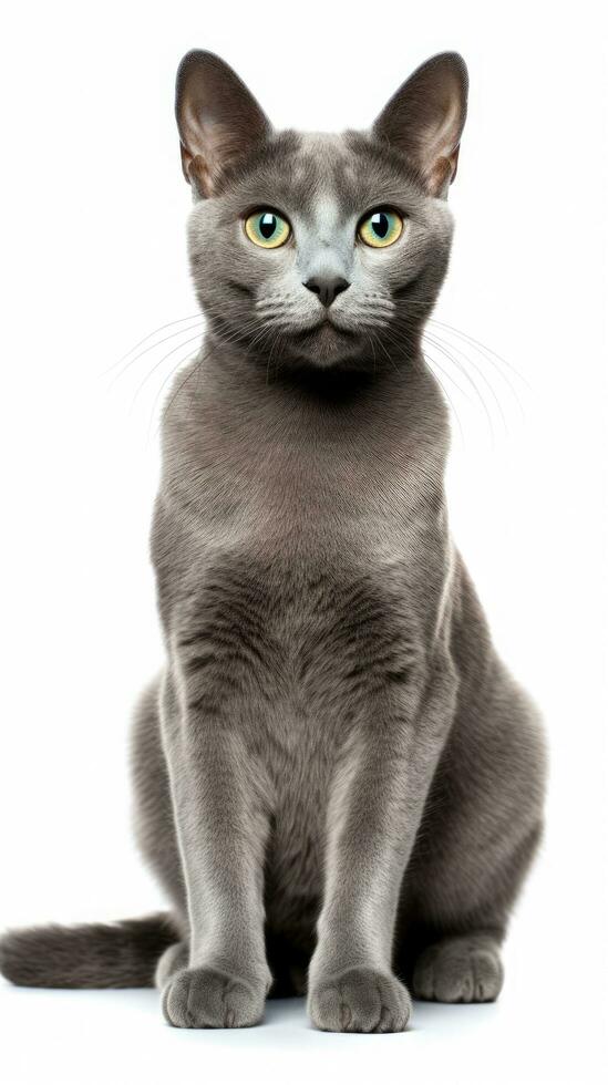 a gray russian Blue cat sitting on white background AI Generative photo