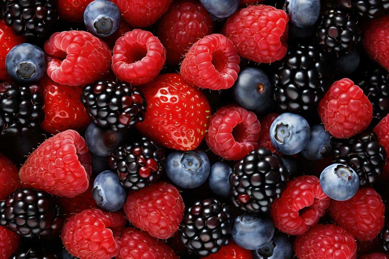 un cerca arriba de frambuesas, arándanos y moras ai generado foto