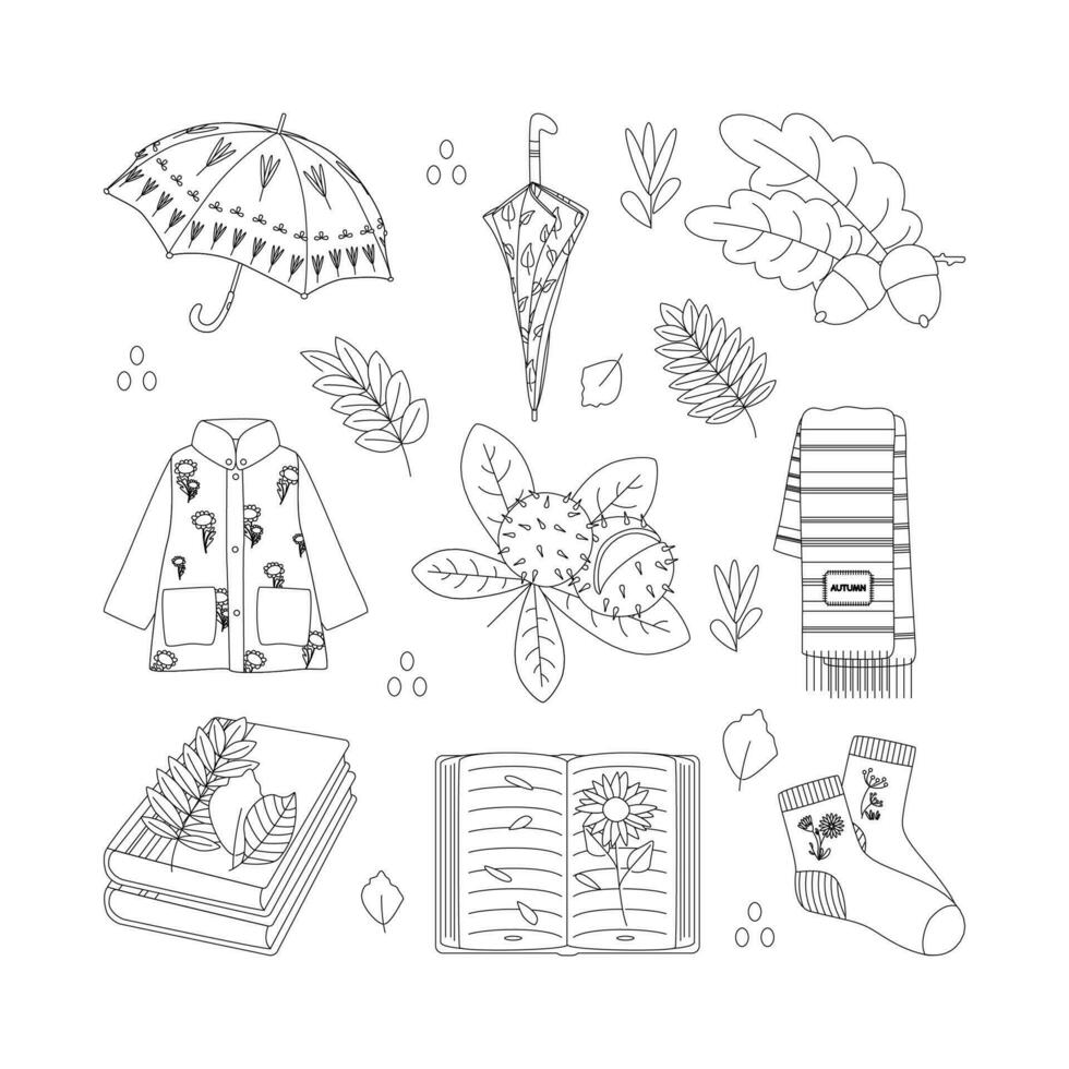 Umbrella, scarf, raincoat, book, sock, leaves. Hello autumn. Autumn season element, icon. Line art. vector