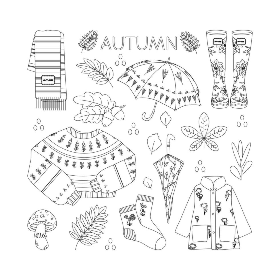 Umbrella, scarf, boots, raincoat, mushroom, sock, leaves. Hello autumn. Autumn season element, icon. Line art. vector