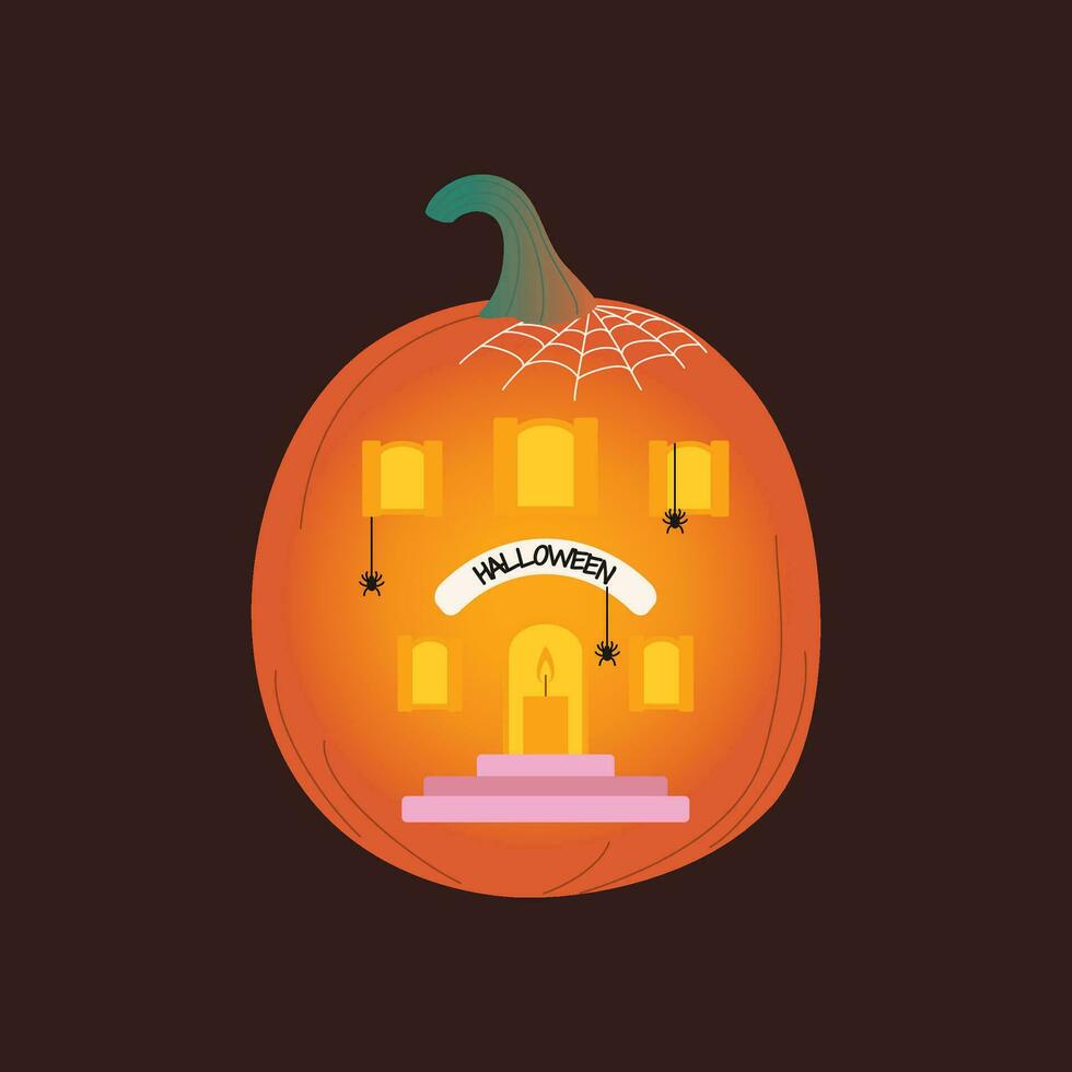 Víspera de Todos los Santos calabazas, otoño día festivo. calabaza casa con cortar fuera ventanas, puerta y vela. vector