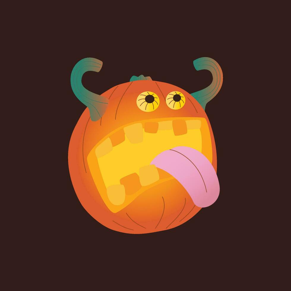 Halloween pumpkins, autumn holiday. Pumpkin with carved smile, horns and tongue. vector