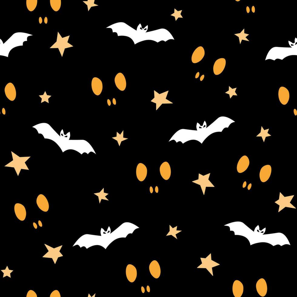 Seamless pattern with night starry sky and bats and eyes glowing in the dark. Vector graphics.