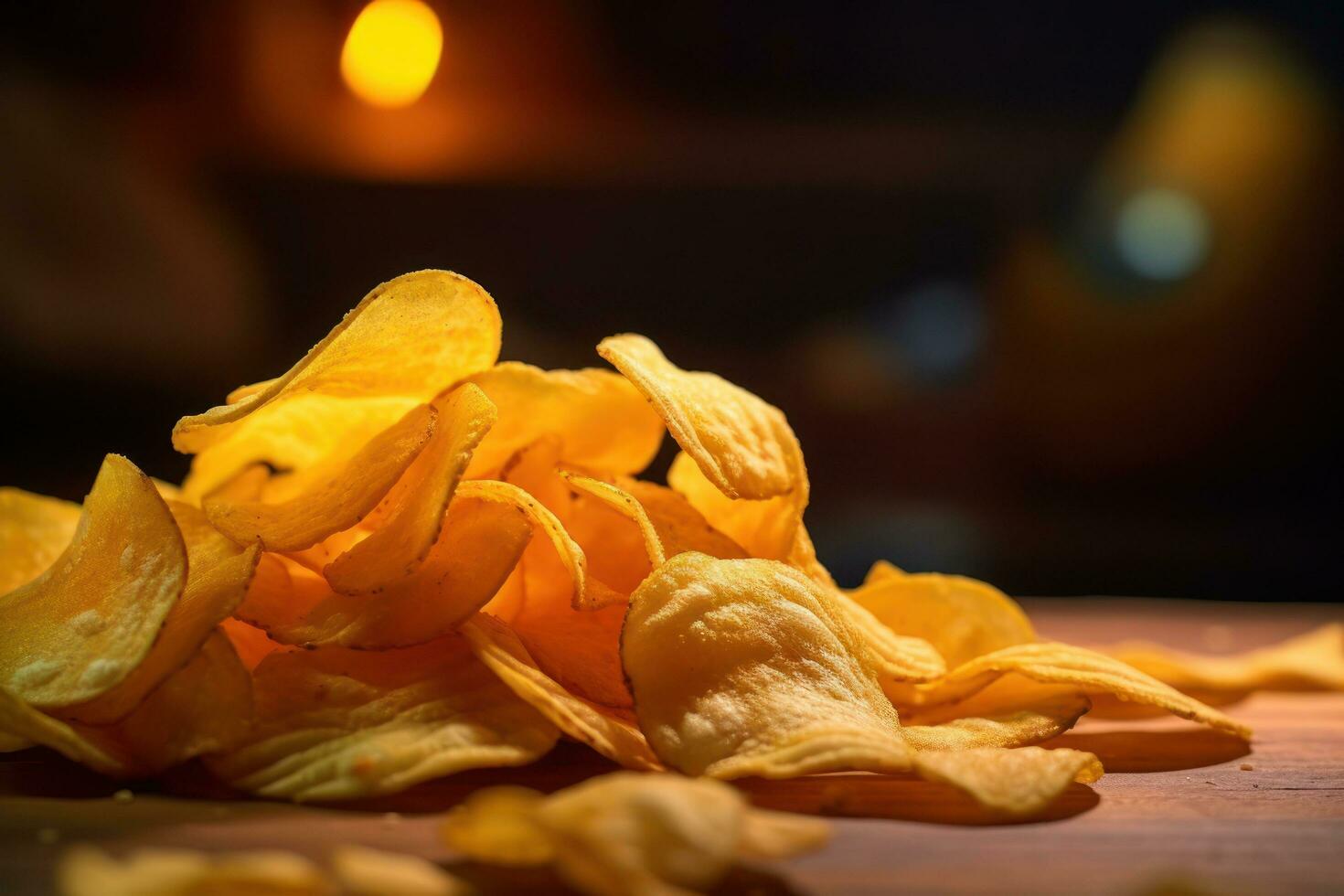 a pile of potato chips on a wooden table AI Generative photo