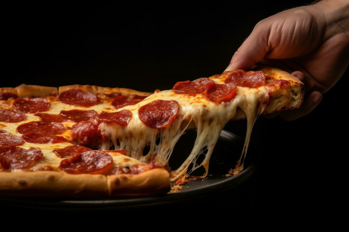 a hand gradually lifting a slice of a pepperoni pizza on a black background AI Generative photo