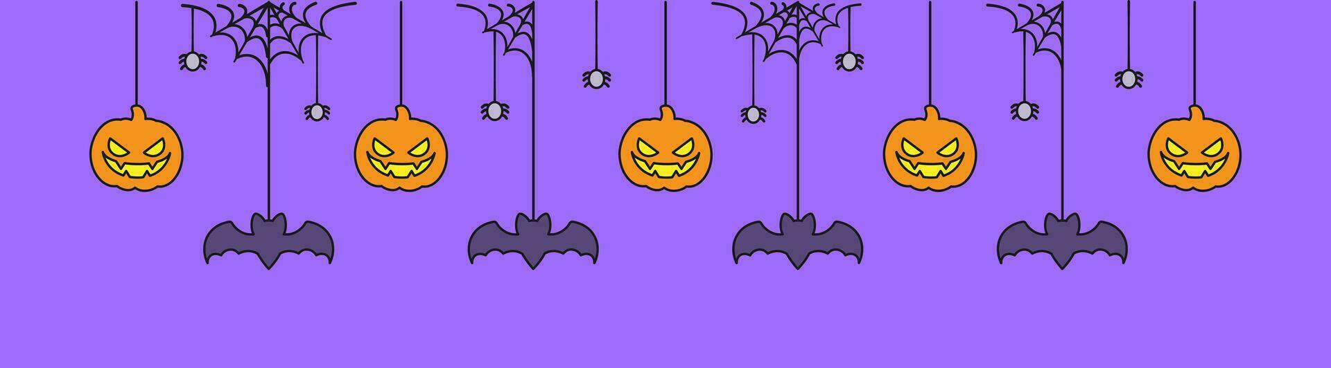 Happy Halloween banner or border with bats and jack o lantern pumpkins. Hanging Spooky Ornaments Decoration Vector illustration, trick or treat party invitation