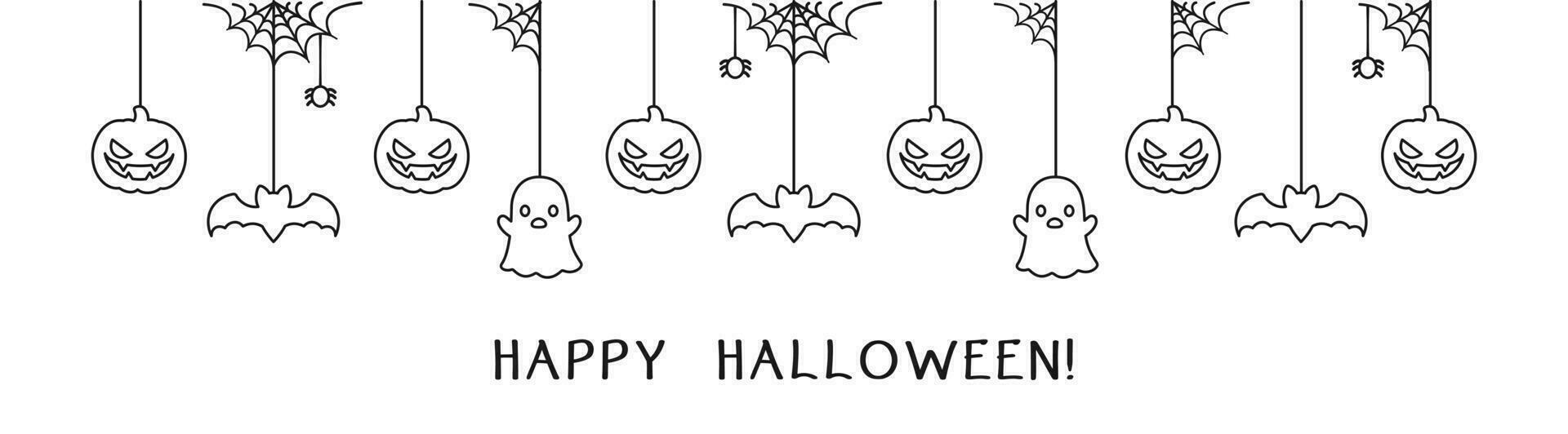 Happy Halloween banner or border with bats, spider web, ghost and jack o lantern pumpkins outline doodle. Hanging Spooky Ornaments Decoration Vector illustration, trick or treat party invitation