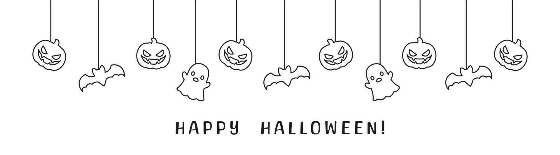 Happy Halloween banner or border with bats, ghost and jack o lantern pumpkins outline doodle. Hanging Spooky Ornaments Decoration Vector illustration, trick or treat party invitation