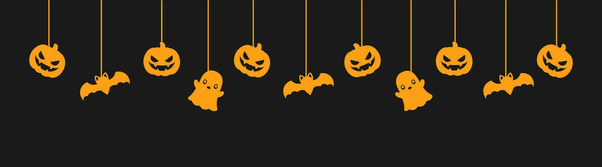 Happy Halloween banner or border with glowing bats, ghost and jack o lantern pumpkins. Hanging Spooky Ornaments Decoration Vector illustration, trick or treat party invitation