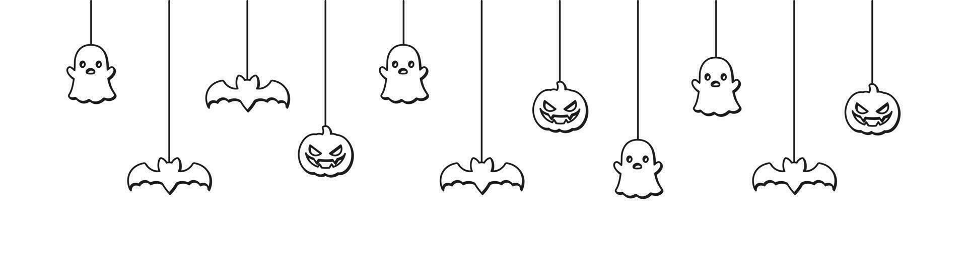 Happy Halloween banner or border with bats, spider web, ghost and jack o lantern pumpkins outline doodle. Hanging Spooky Ornaments Decoration Vector illustration, trick or treat party invitation