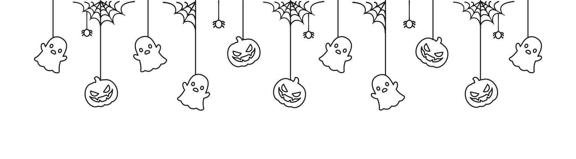 Happy Halloween banner or border with ghost and jack o lantern pumpkins outline doodle. Hanging Spooky Ornaments Decoration Vector illustration, trick or treat party invitation