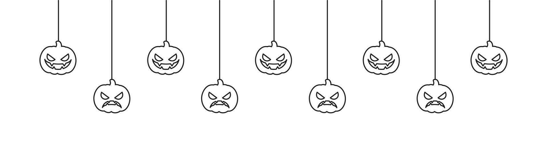 Happy Halloween banner or border with jack o lantern pumpkins outline doodle. Hanging Spooky Ornaments Decoration Vector illustration, trick or treat party invitation