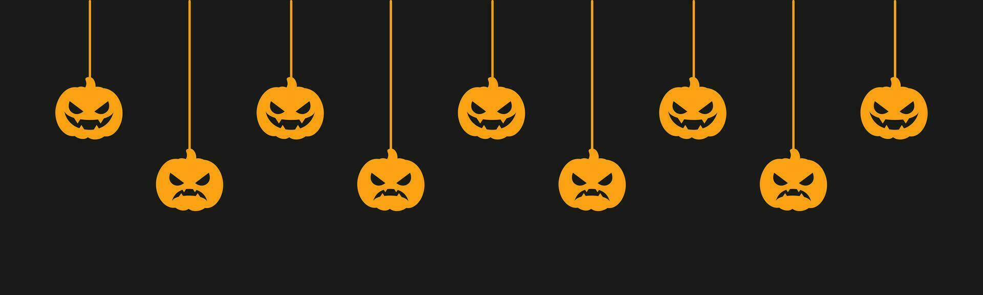 Happy Halloween banner or border with jack o lantern pumpkins silhouette. Hanging Spooky Ornaments Decoration Vector illustration, trick or treat party invitation