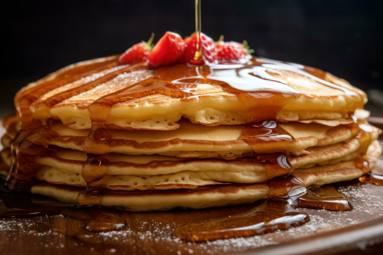 A stack of pancakes with syrup and berries on a plate AI Generated photo