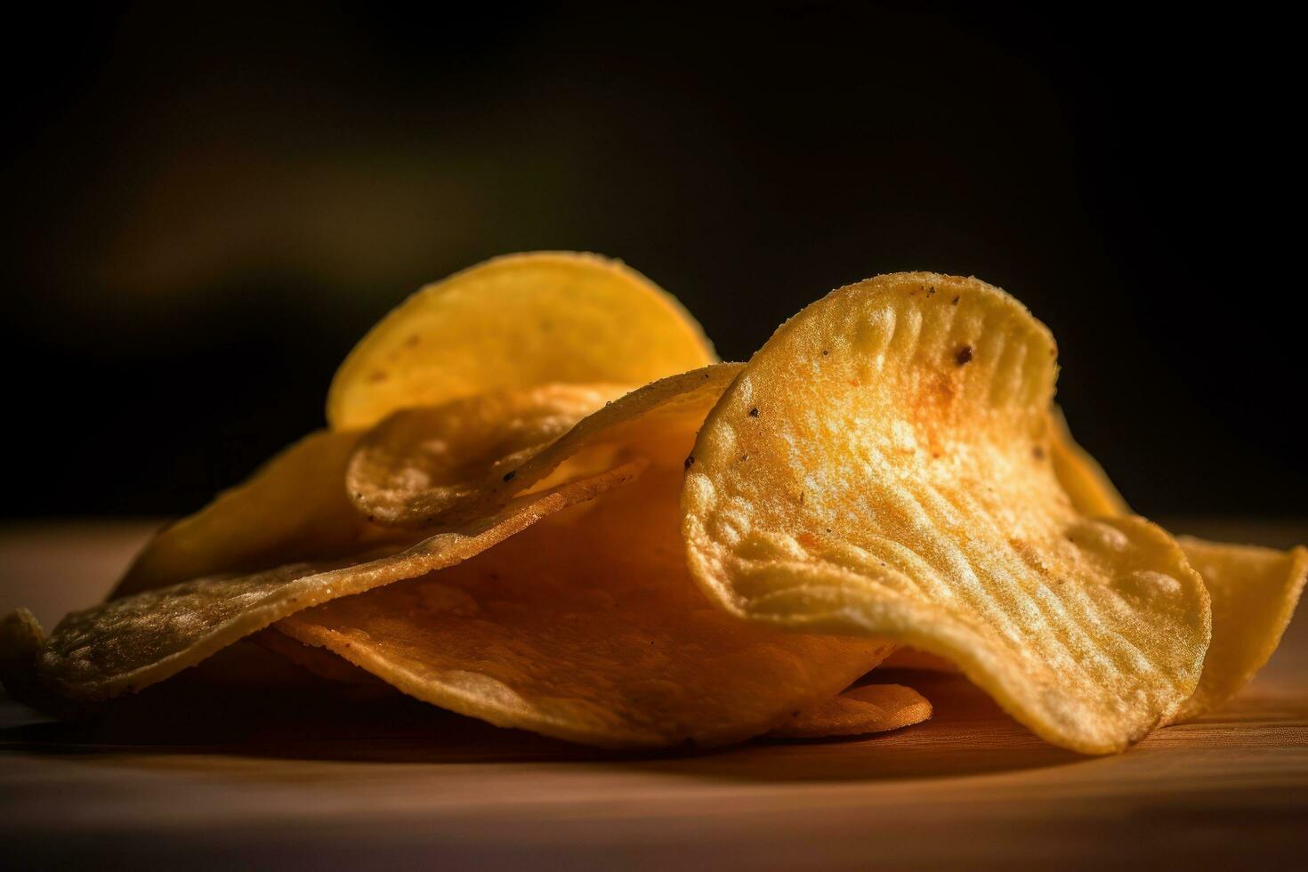 a pile of potato chips on a wooden table AI Generative photo