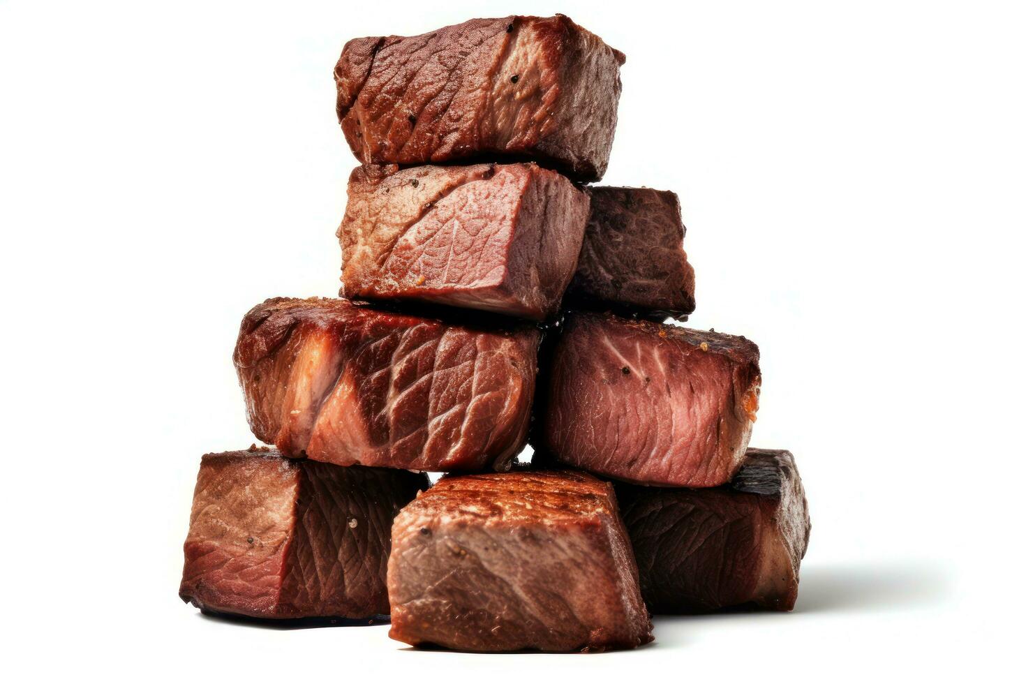 stacked pieces of roasted meat cubes on a white background AI Generative photo