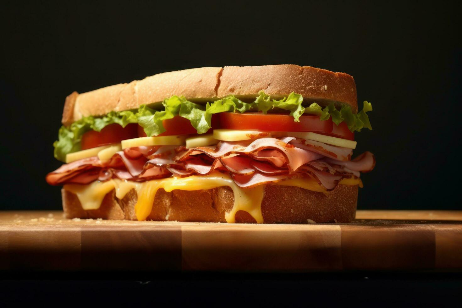 A ham and cheese sandwich on a wooden table AI Generated photo
