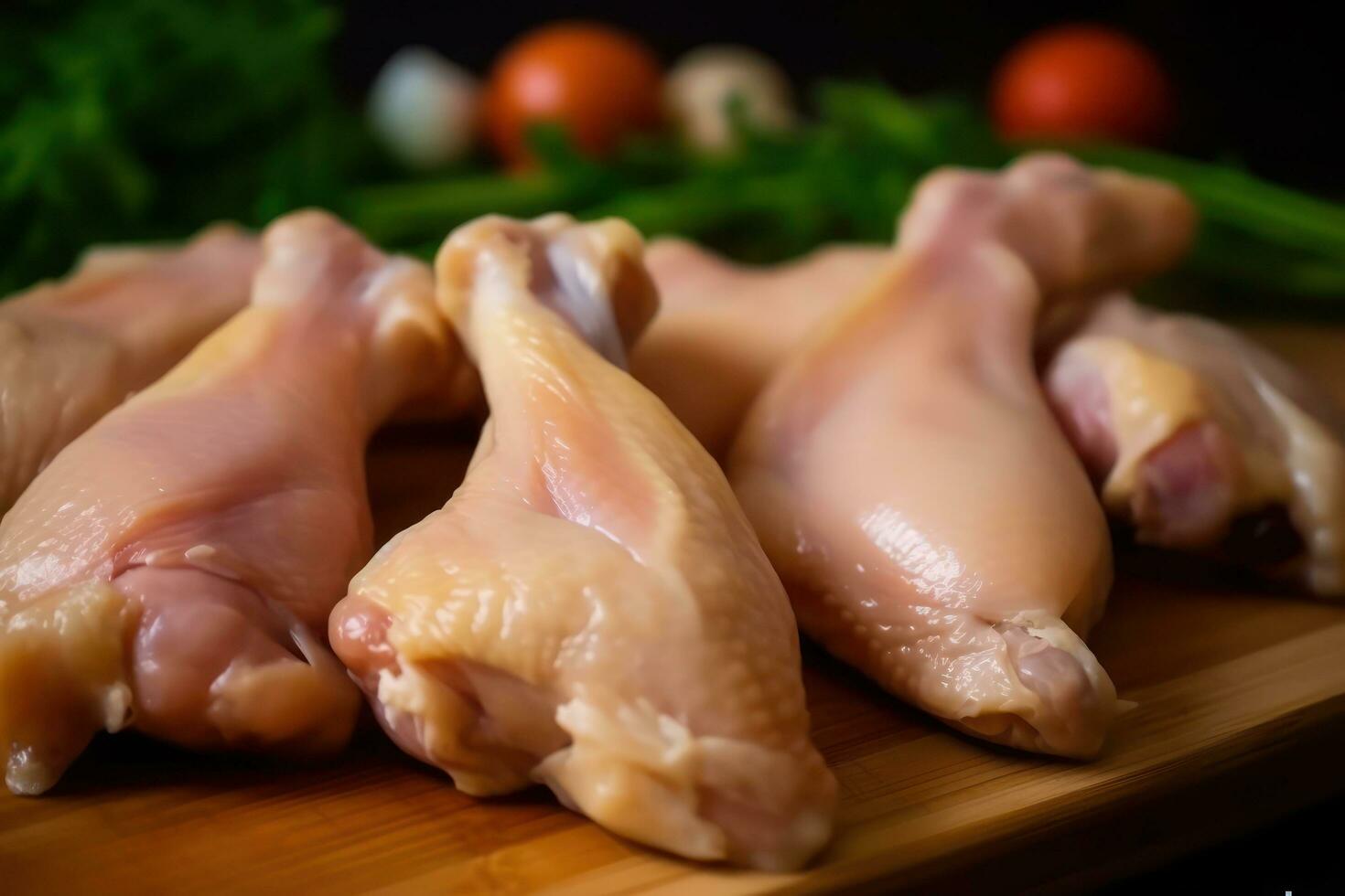 cerca arriba de crudo pollo piernas en un mesa ai generado foto