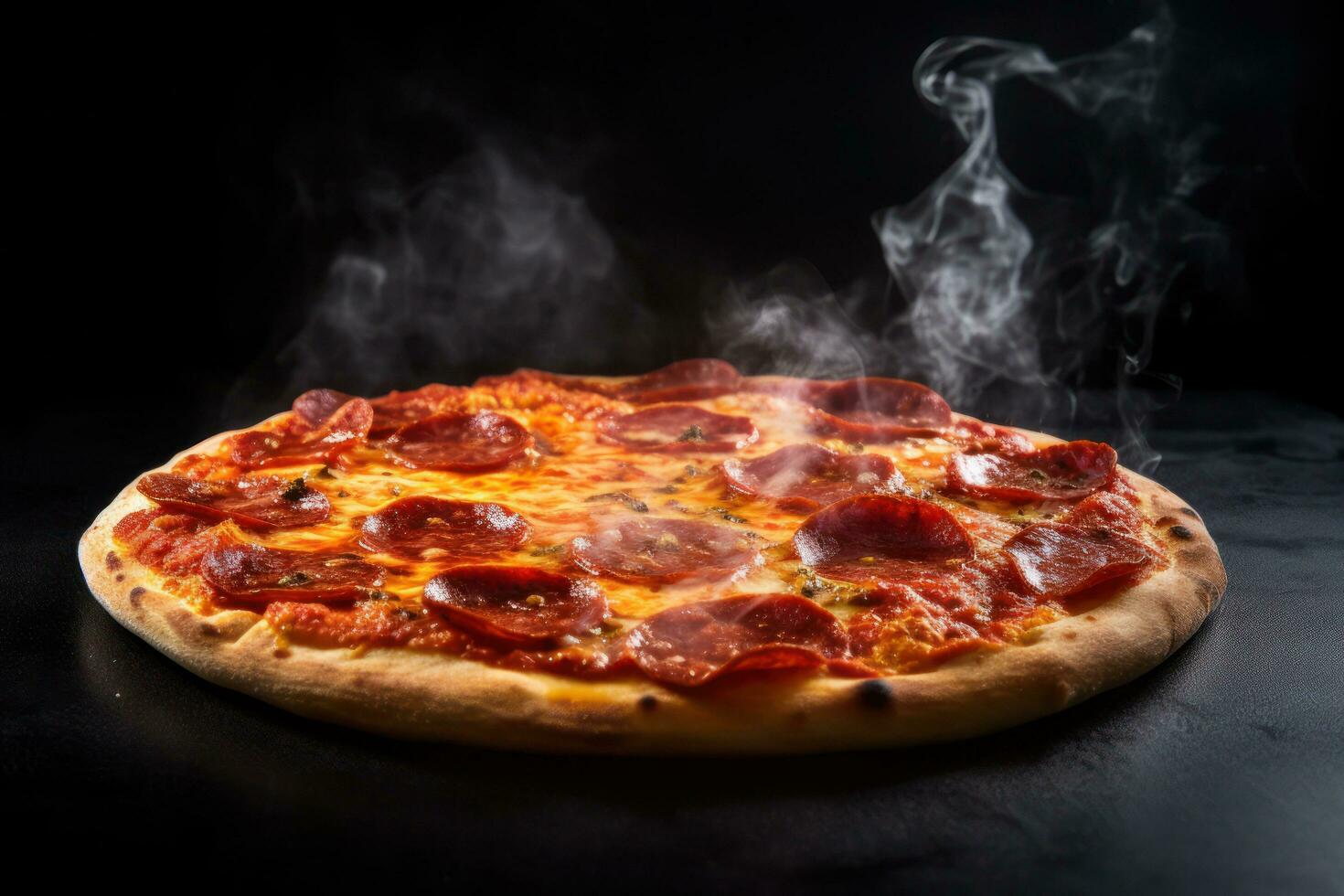 pepperoni pizza with smoke coming out of it on a black background AI Generative photo