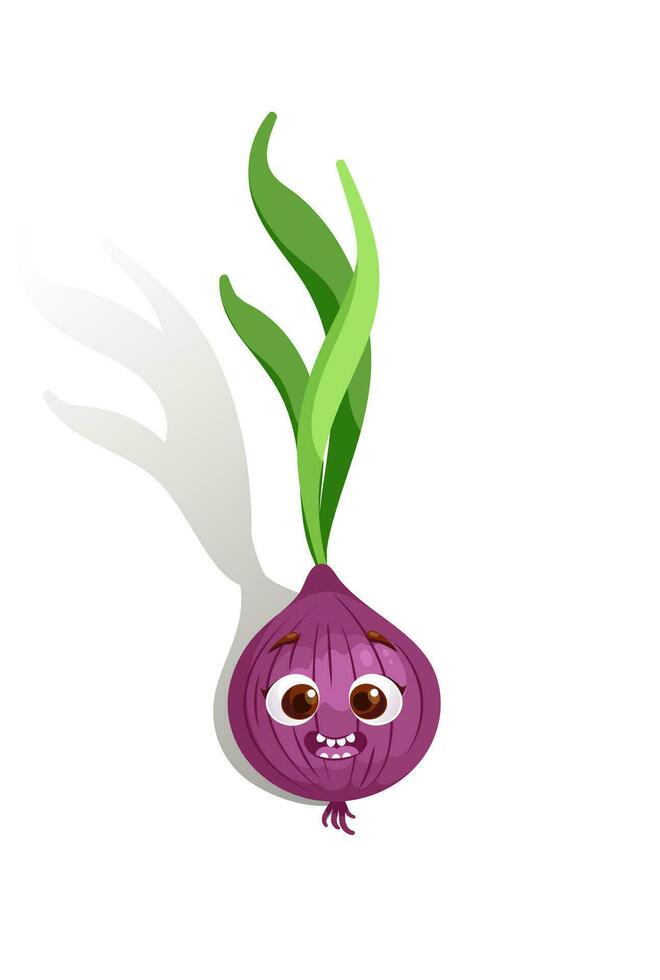 Cute character funny Red onion in cartoon style. Healthy food, vegetables, vegan. vector illustration for kids, web design, prints and patterns. isolated on white background