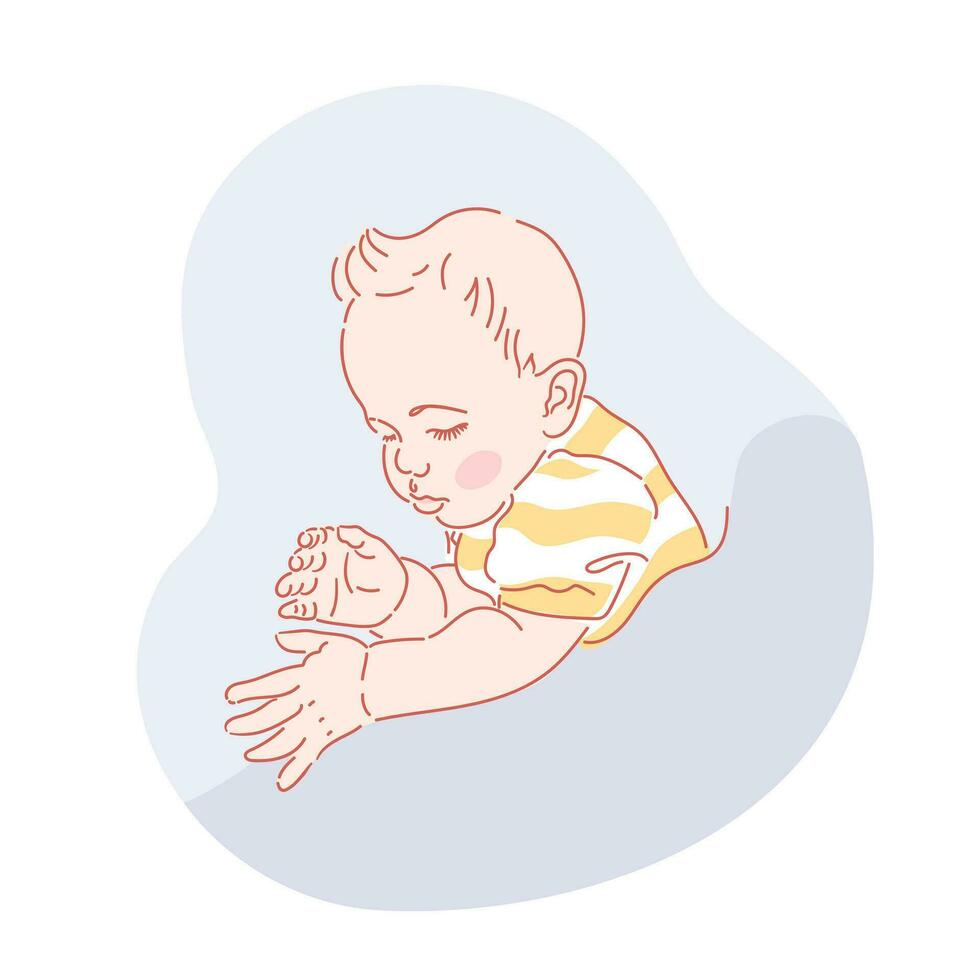 Cute little boy or girl in a striped t-shirt is sleeping. Soft pillow. Before bedtime. Sleep expert emblem. Calm healthy childrens sleep. Sleep training. The final illustration in a sketch style vector