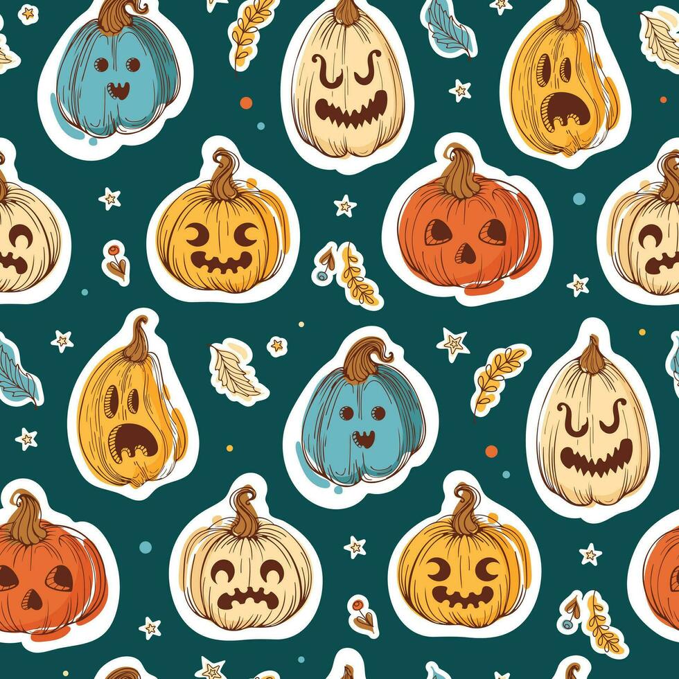 Vintage colorful pumpkin lanterns for Halloween. Autumn leaves and stars. Various emotions anger, fear, joy. Seamless pattern for wallpaper, printing on fabric, wrapping, background vector