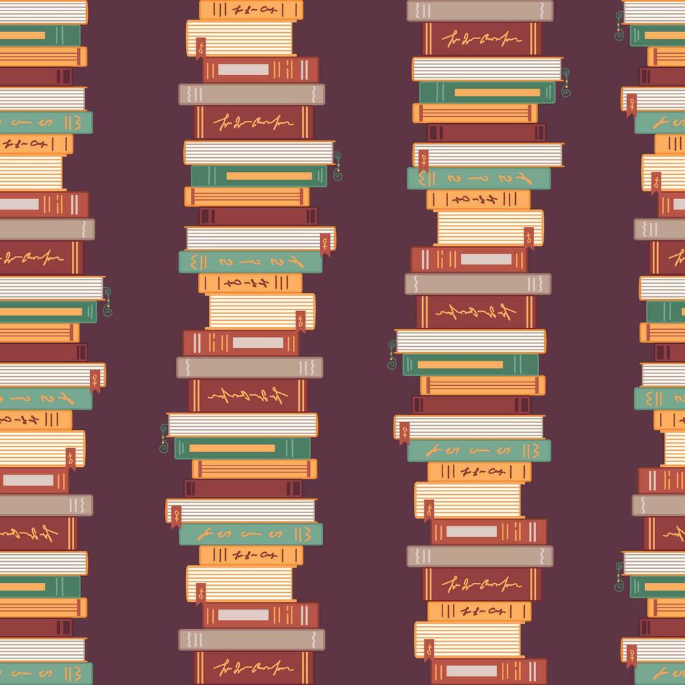 Stacks of books, library, cartoon style seamless pattern. Concept for lovers of reading. For wallpaper, printing on fabric, packaging, background vector