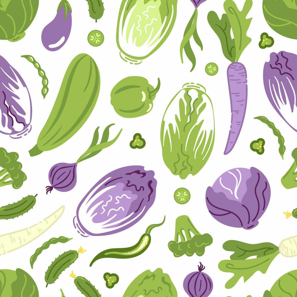 Fresh green and purple vegetables, seamless pattern. Beijing and white cabbage. Healthy lifestyle, wholesome food, veganism, vegetarianism. For menu, cafe, tablecloth, shopper, fabric. vector