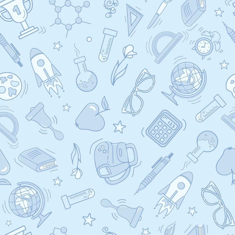 Back to school. Educational paraphernalia, school supplies, devices for chemistry, sports, art. Monochrome blue seamless pattern, doodle style. For wallpaper, printing on fabric, wrapping, background vector