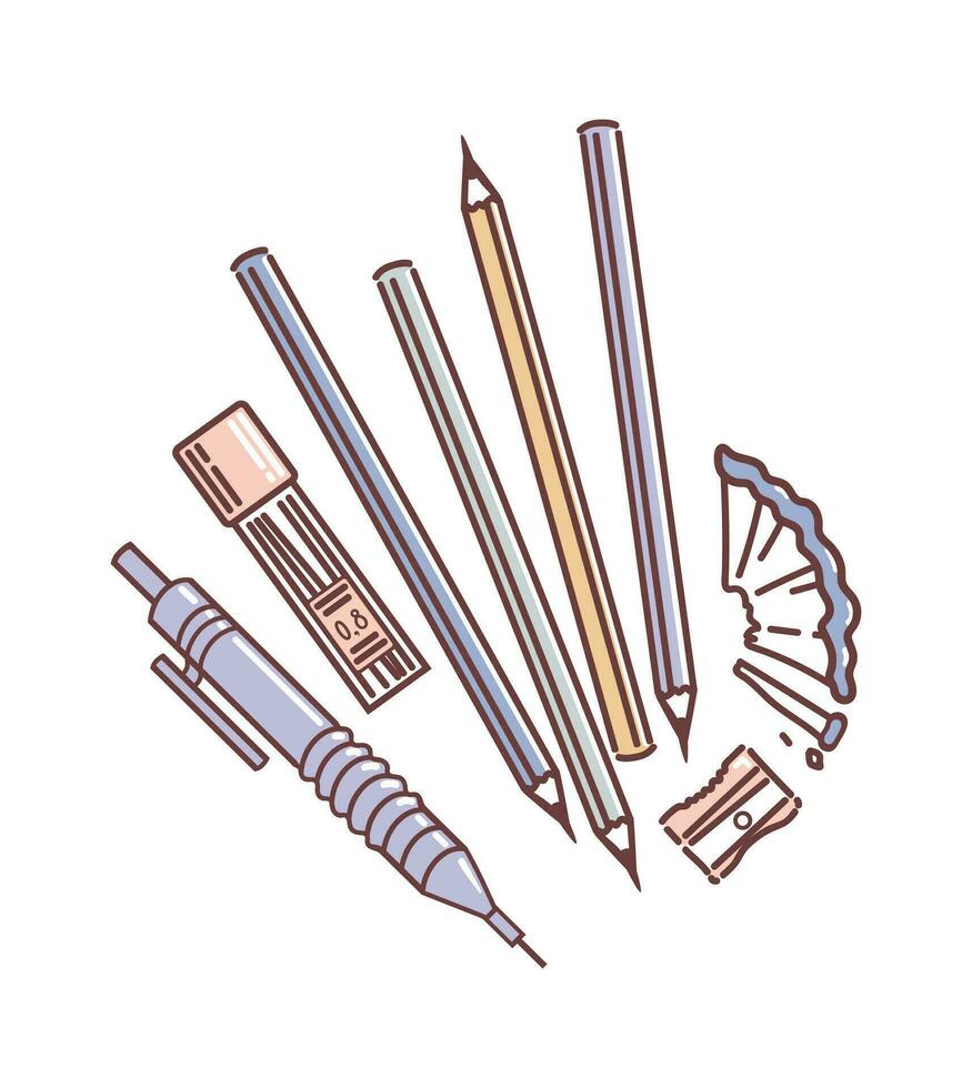 Simple pencils with a sharpener, shavings. Automatic pencil, pack of replacement leads. Vector illustration in doodle style. Stationery, office. For stickers, posters, postcards, design elements