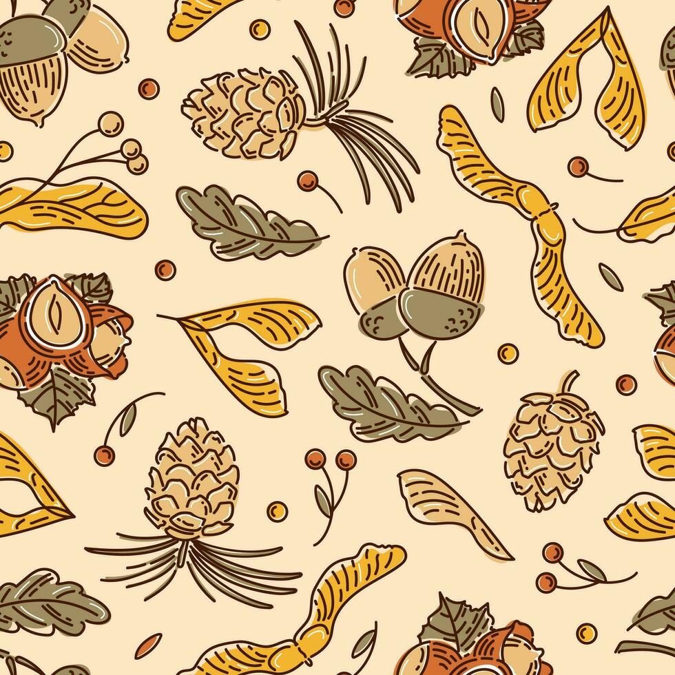 Hola, otoño. sin costura modelo desde nueces y semillas bellotas con hojas, cedro cono, tilo semillas, avellanas, arce pez león semillas bosquejo estilo. fondo de pantalla, impresión en tela, envase, antecedentes vector