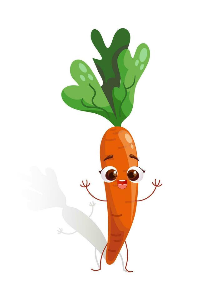 Cute character funny carrot in cartoon style. Healthy food, vegetables, vegan. vector illustration for kids, web design, prints and patterns. isolated on white background.