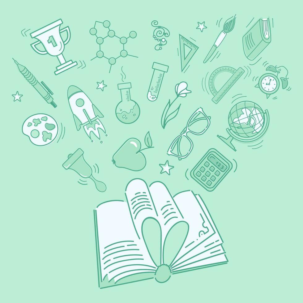 Back to school. Book, source of knowledge. Educational paraphernalia, school supplies, devices for chemistry, sports, and art take off. doodle style illustration. For posters, cards, banners, design vector