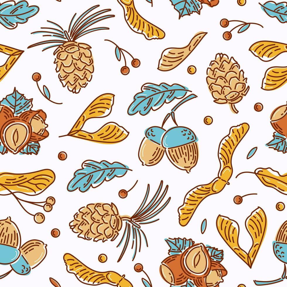 Hello, Autumn. Seamless pattern from nuts and seeds. Acorns with leaves, cedar cone, linden seeds, hazelnuts, maple lionfish seeds. sketch style. wallpaper, printing on fabric, wrapping, background vector