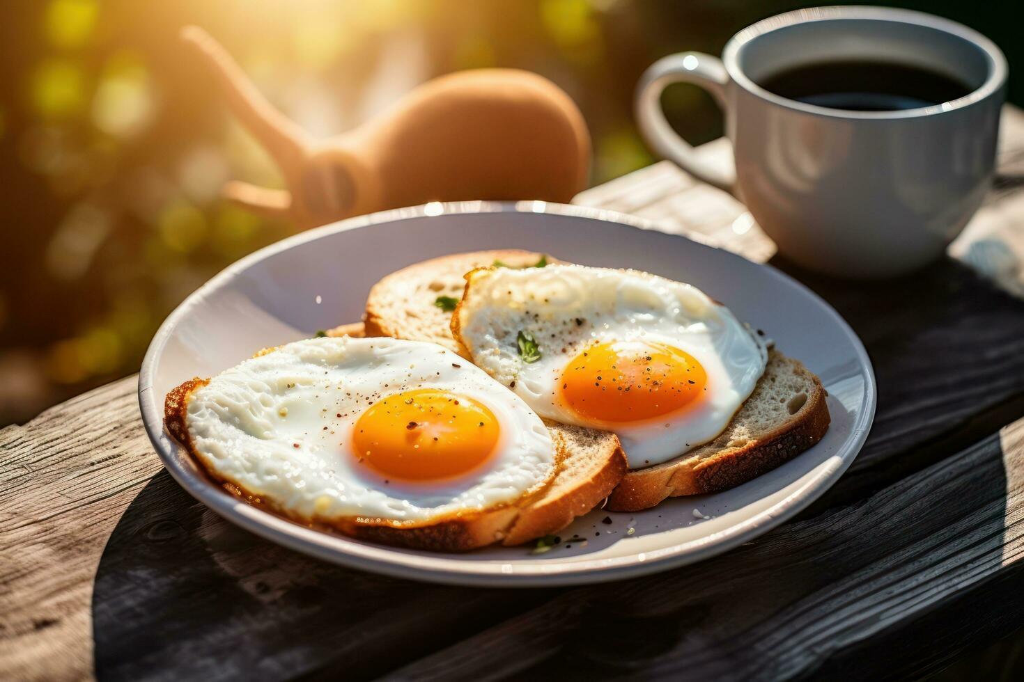 Two fried eggs on a plate next to a cup of coffee AI Generated photo