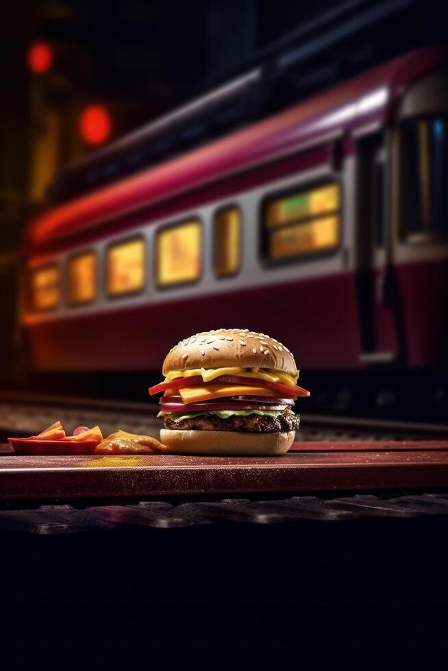 hamburger sits on a table next to a train photo