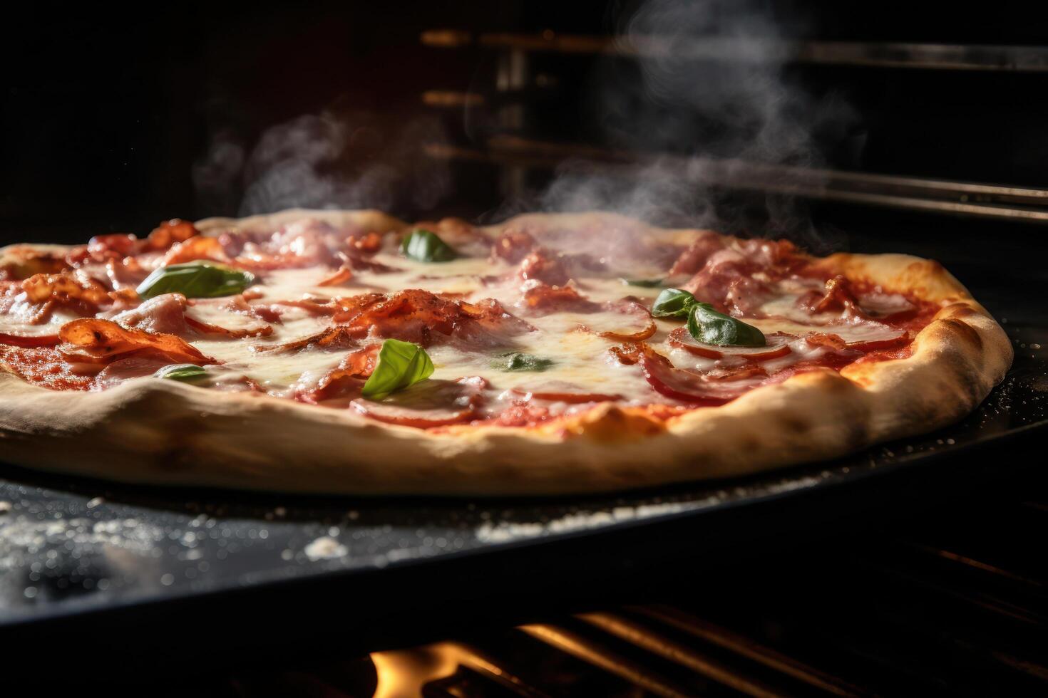 a pizza is being cooked in an oven photo