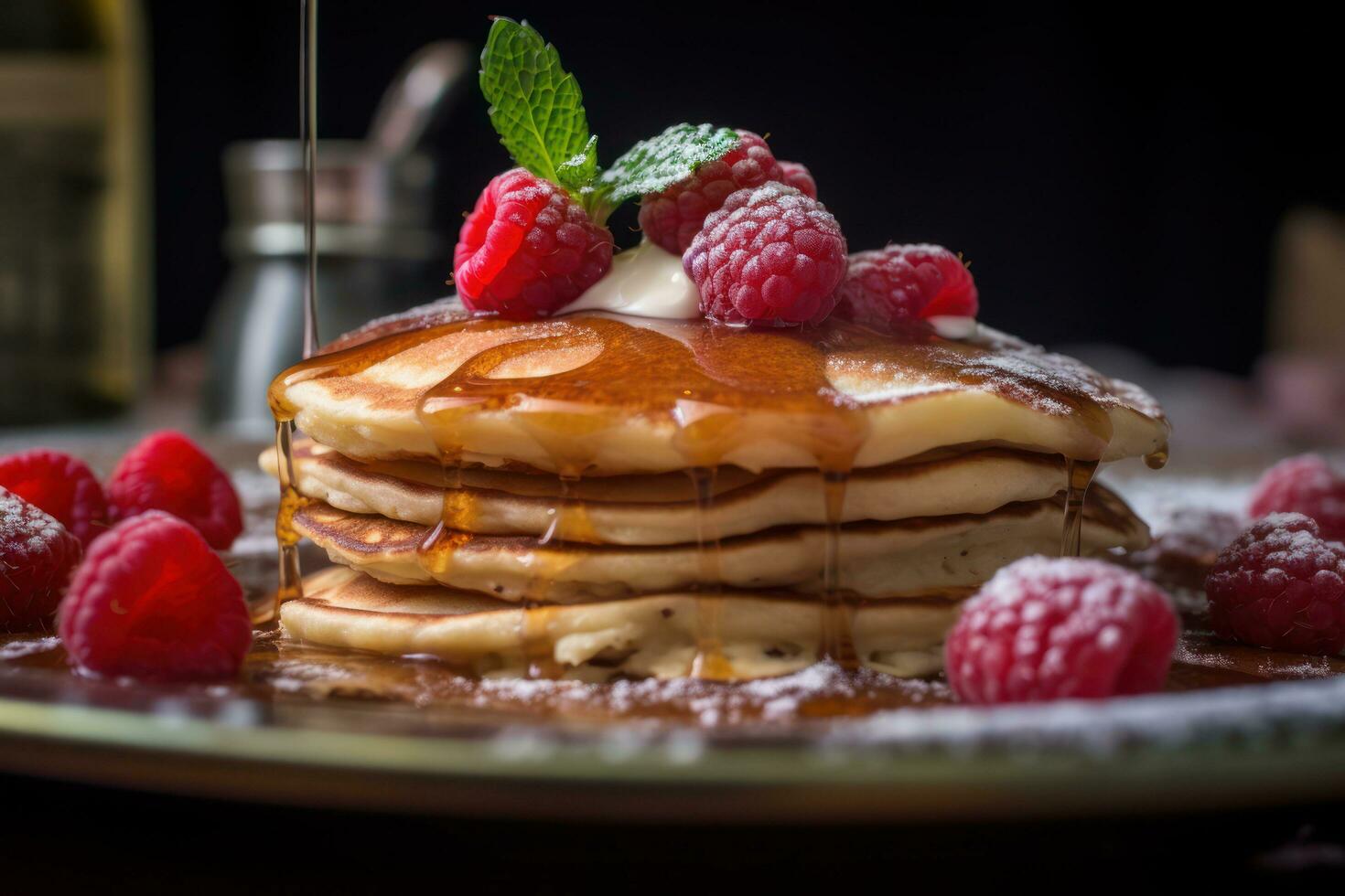 A stack of pancakes with syrup and berries on a plate AI Generated photo