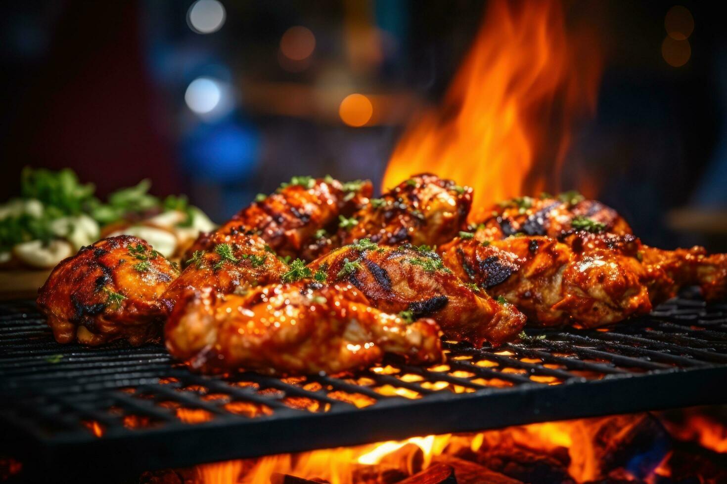 A la parrilla pollo en un parrilla con llamas ai generado foto