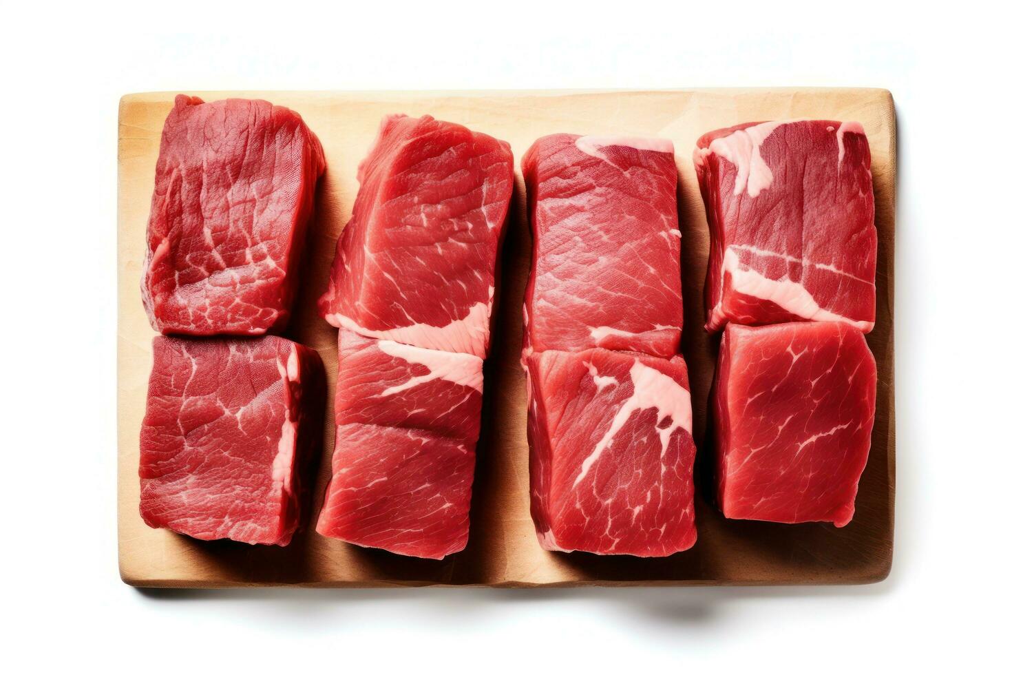 sliced raw sirloin steak on a wooden cutting board on a white background AI Generative photo