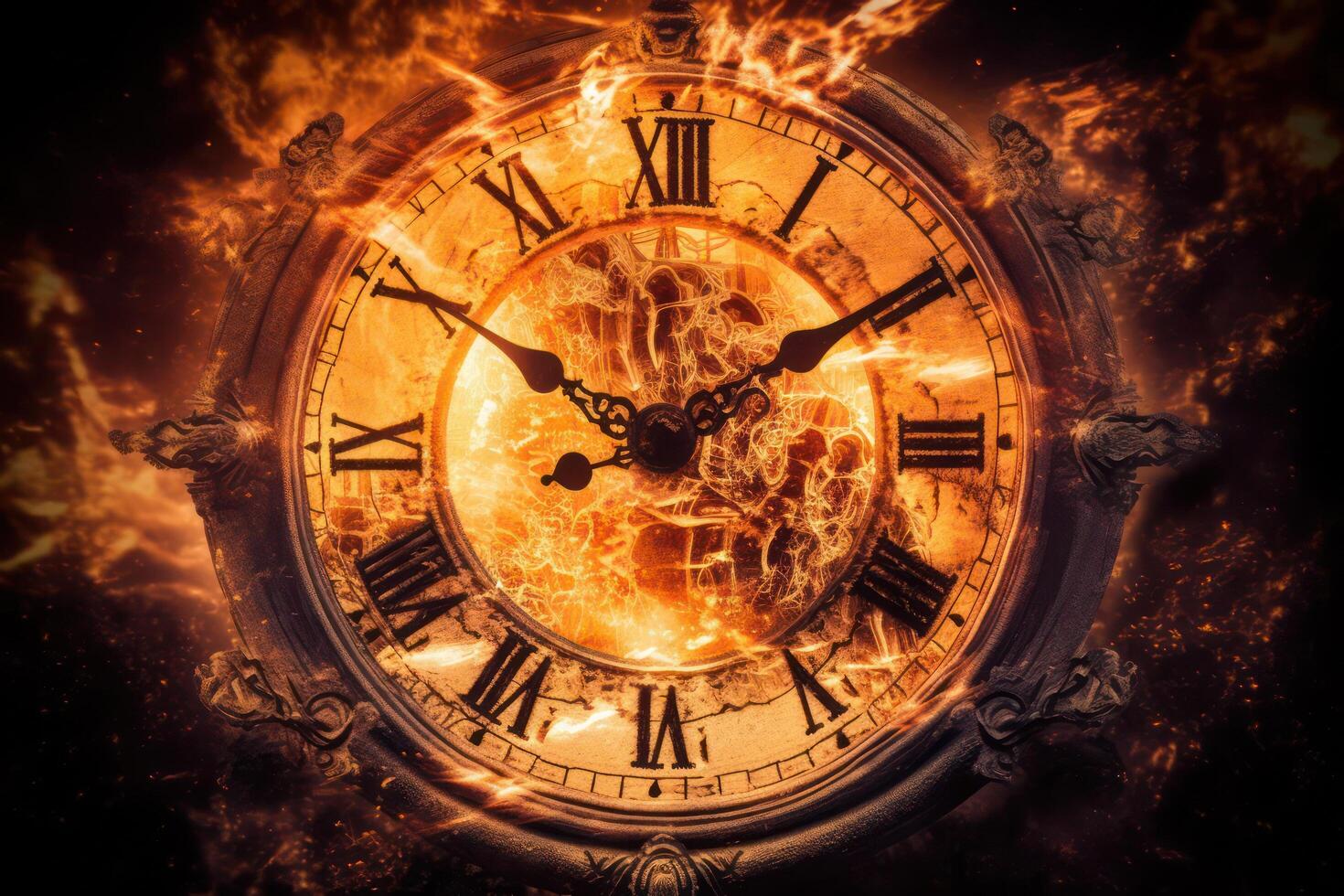 a clock that is on fire with flames around it photo