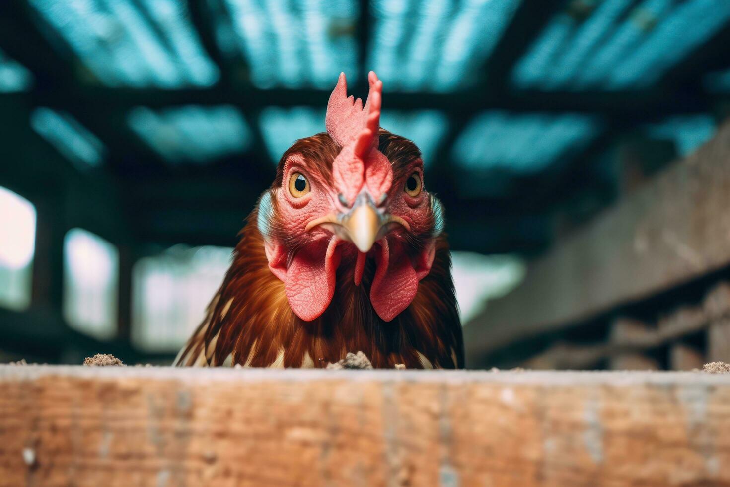 A rooster is looking out of a wooden box AI Generated photo