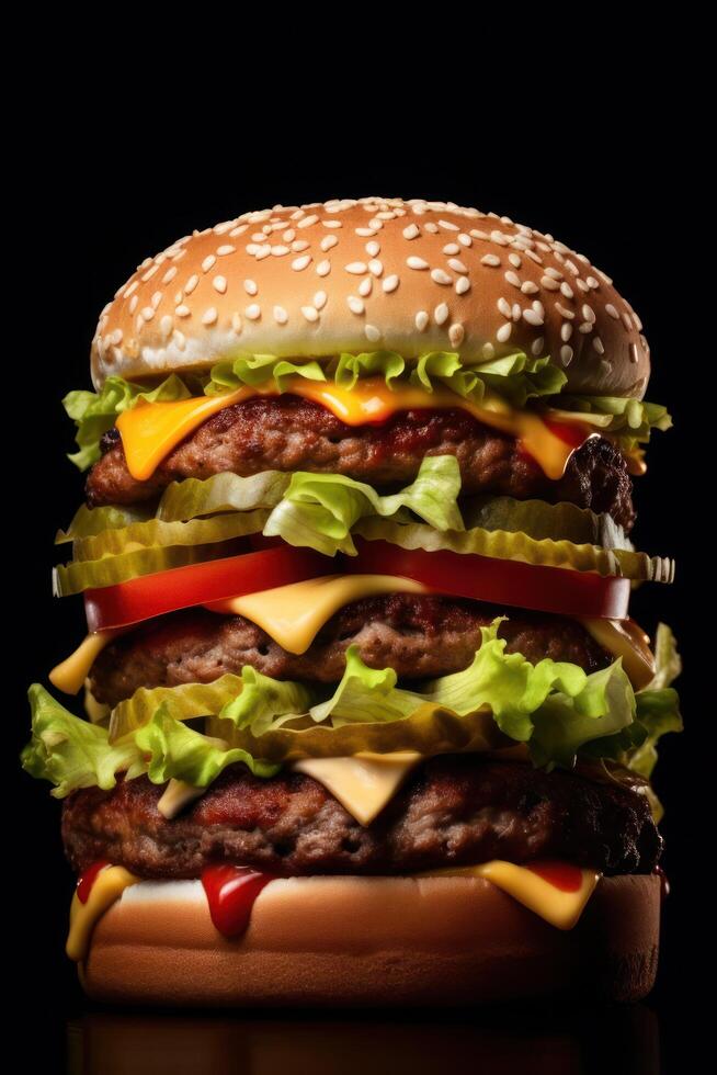extra large hamburger on a black background photo