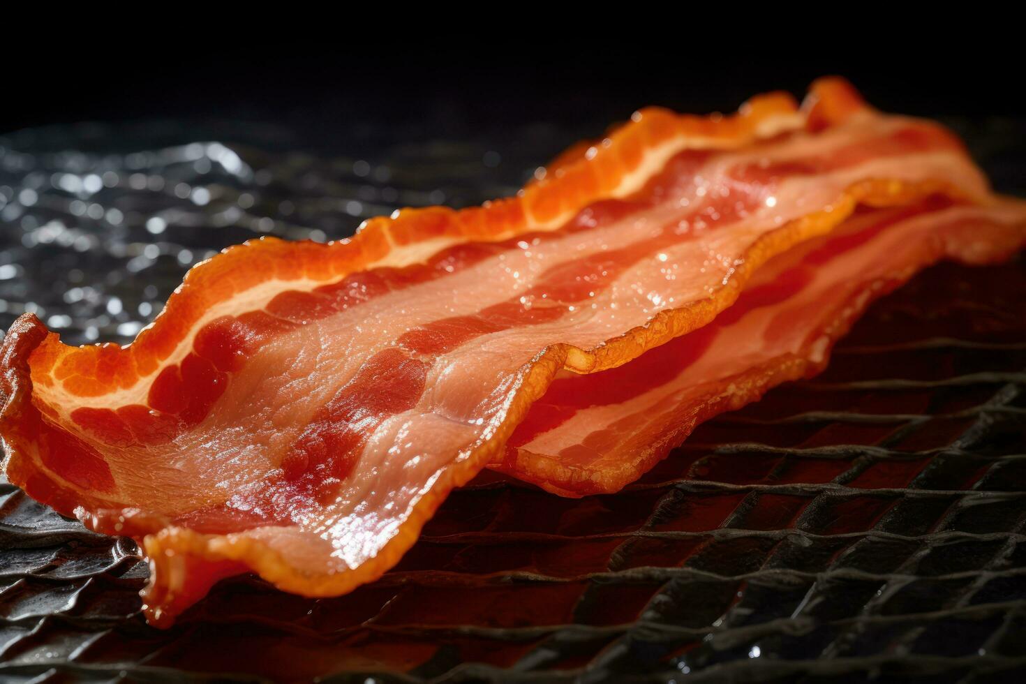 a piece of bacon is sitting on a black surface AI Generated photo