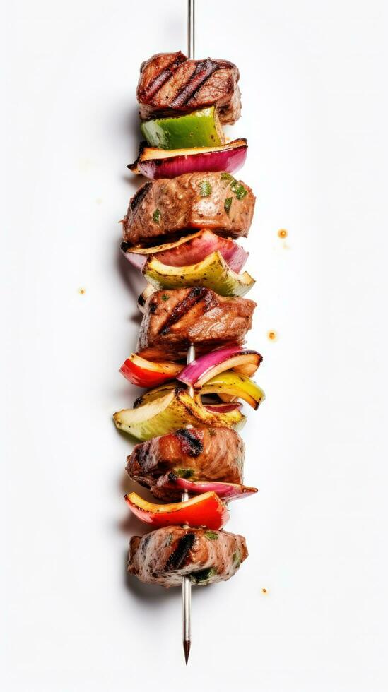 grilled Kebab on skewers with peppers and onions on a white background AI Generative photo