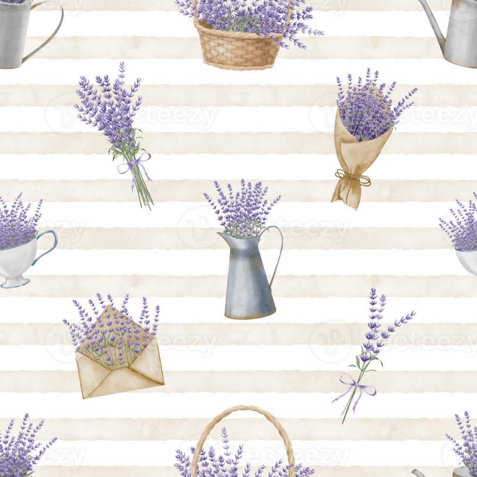 lavendel naadloos patroon met bloemen provence boeketten. hand- getrokken waterverf illustratie van wijnoogst ornament Aan een gestreept achtergrond voor omhulsel papier of textiel ontwerp. botanisch achtergrond. png