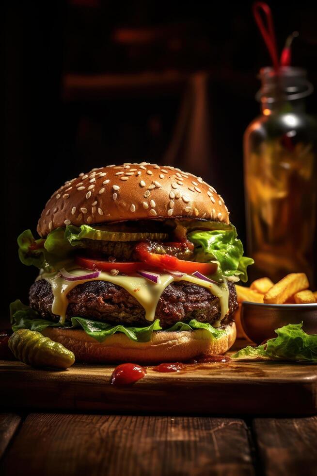 hamburguesa en un de madera corte tablero ai generativo foto